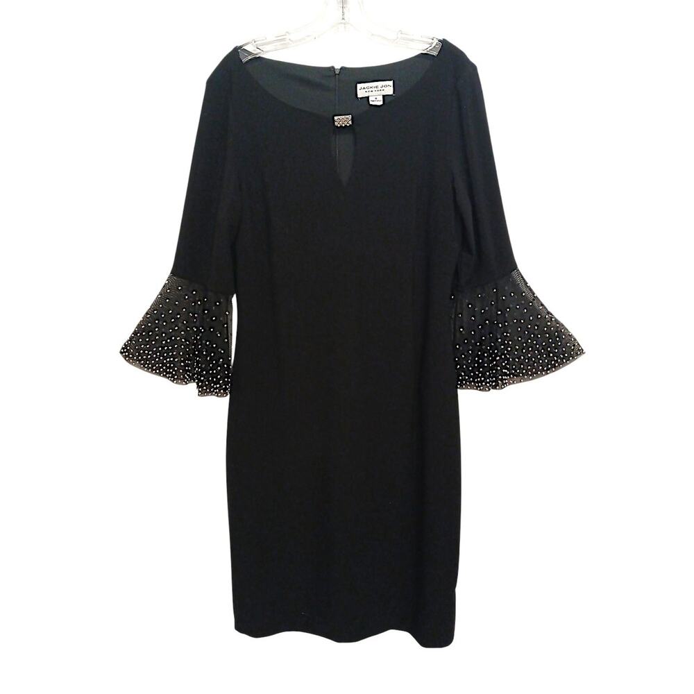 Jackie Jon New York Black Sheath Dress 3/4 Embellished Bell Sleeves Sz 10 Party
